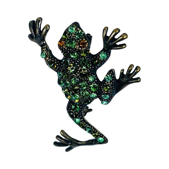 Green Crystal Frog Brooch Pin 3" Toad Whimsical Figural - Picture 5 of 10